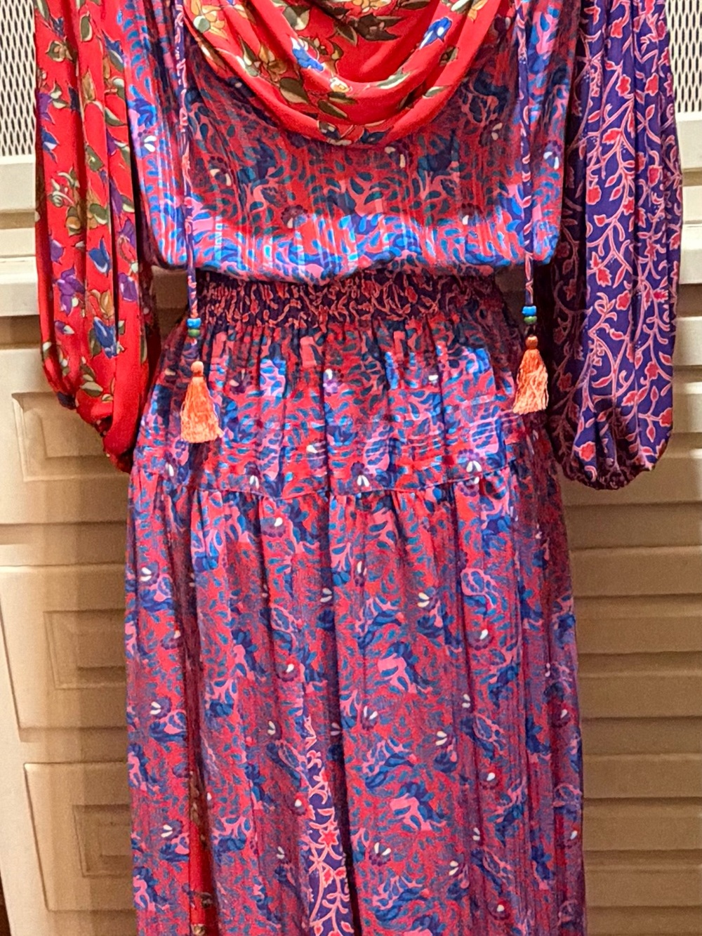 Vintage 80s Diane Freis Original Georgette Dress Boho Tassel Smocked Waist
